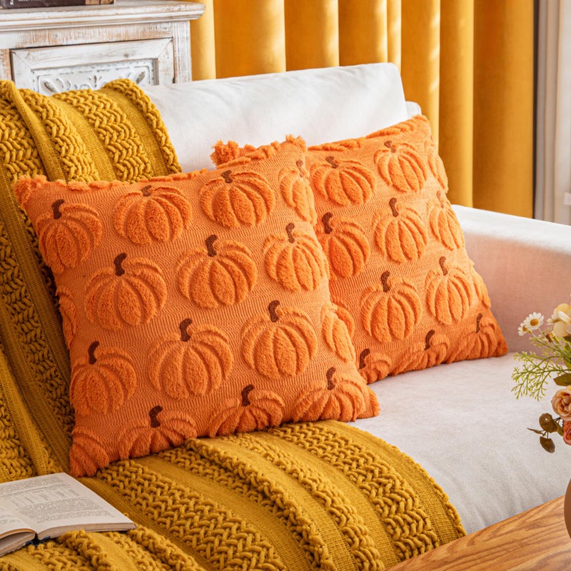COSIBONO Pumpkin Fall Decorative Throw Pillow Covers 18""x18""  Set of 2 Orange Brown Soft Faux Fur Pillow Covers for Autumn Harvest  Fluffy Plush Accent Pillow Cases for Farmhouse Halloween Decor - Image 1